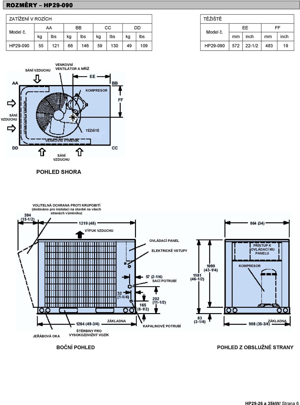 kg lbs kg lbs kg lbs kg lbs mm inch mm inch HP29-090 55 121 66 146 59 130 49 109 HP29-090 572 22-1/2 483 19 SÁNÍ VZDUCHU VENKOVNÍ VENTILÁTOR A MŘÍŽ KOMPRESOR SÁNÍ