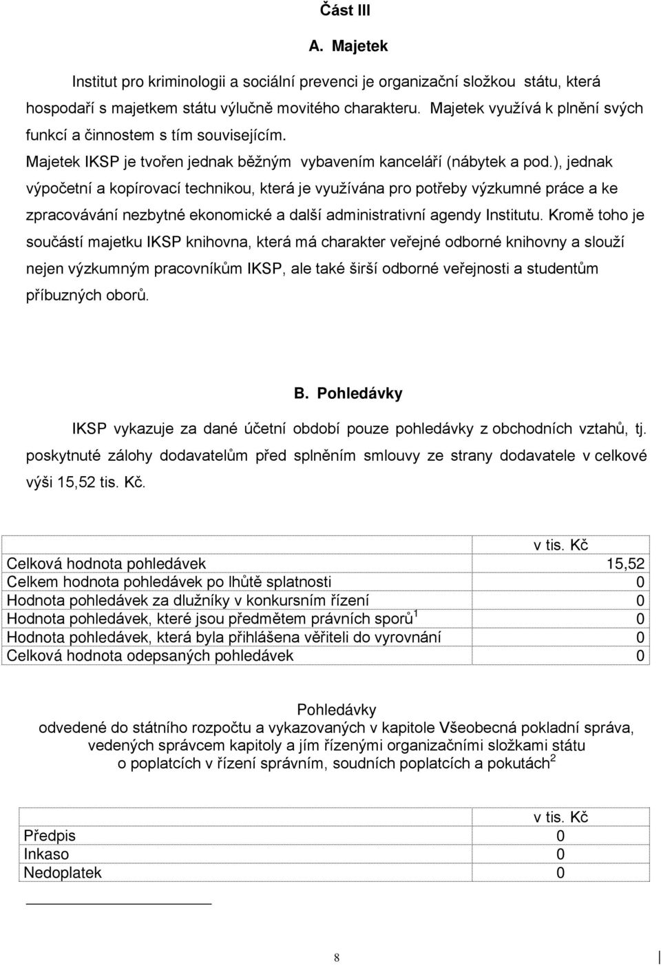 ), jednak výpočetní a kopírovací technikou, která je využívána pro potřeby výzkumné práce a ke zpracovávání nezbytné ekonomické a další administrativní agendy Institutu.