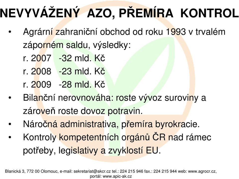 Kč Bilanční nerovnováha: roste vývoz suroviny a zároveň roste dovoz potravin.