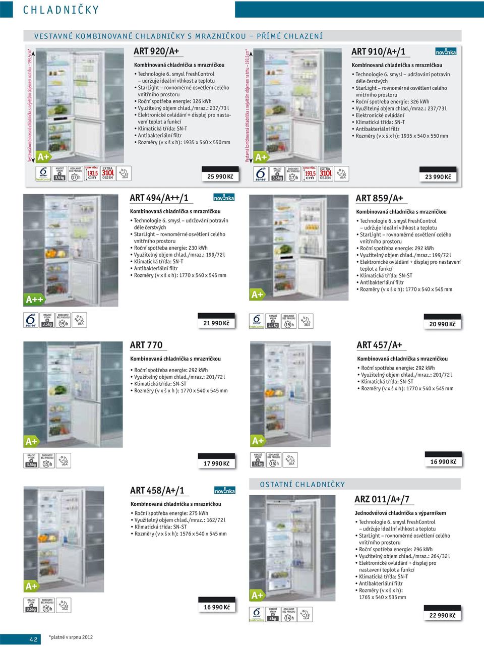 : 237/73 l Rozměry (v x š x h): 19 x 540 x 550 mm Vestavná kombinovaná chladnička s největším objemem na trhu 193,5 cm* ART 910//1 Technologie 6.