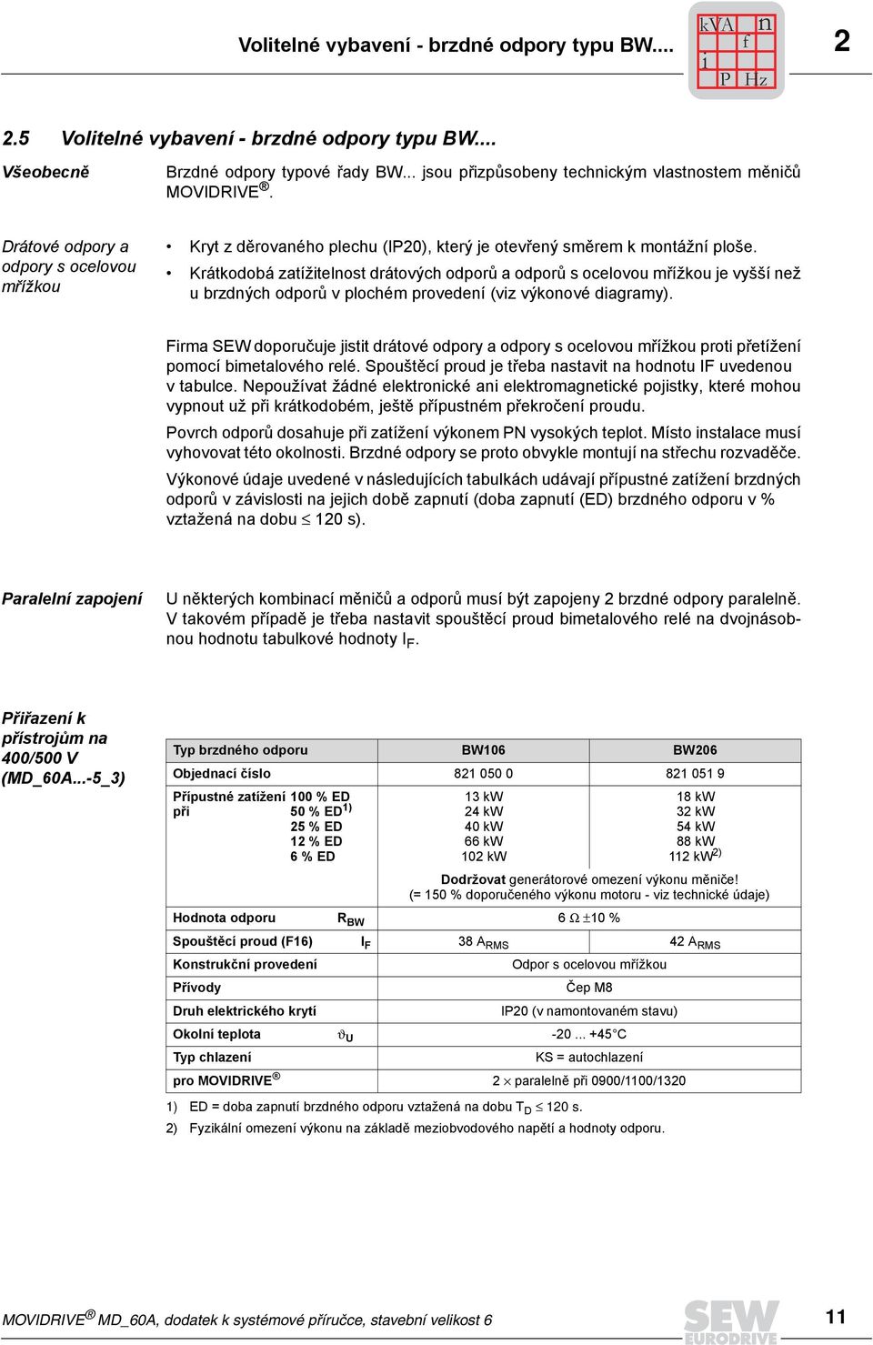 Krátkodobá zatížitelnost drátových odporů a odporů s ocelovou mřížkou je vyšší než u brzdných odporů v plochém provedení (viz výkonové diagramy).