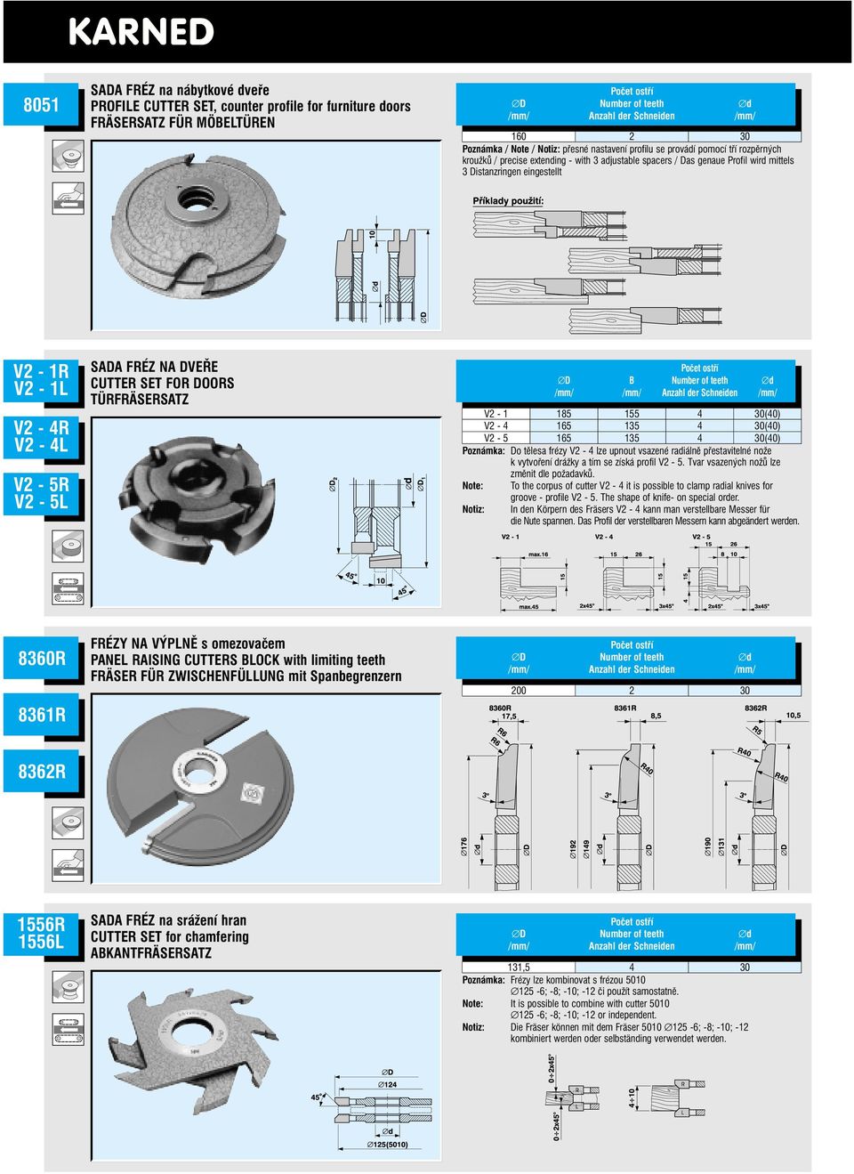 V2-4L V2-5R V2-5L SADA FRÉZ NA DVEŘE CUTTER SET FOR DOORS TÜRFRÄSERSATZ D B Number of teeth d V2-1 185 155 4 30(40) V2-4 165 135 4 30(40) V2-5 165 135 4 30(40) Poznámka: Do tělesa frézy V2-4 lze