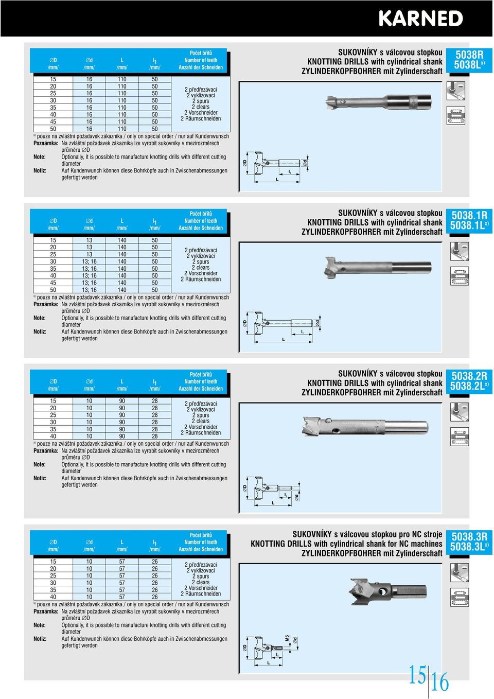 vyrobit sukovníky v mezirozměrech průměru D Note: Optionally, it is possible to manufacture knotting drills with different cutting diameter Notiz: Auf Kundenwunch können diese Bohrköpfe auch in