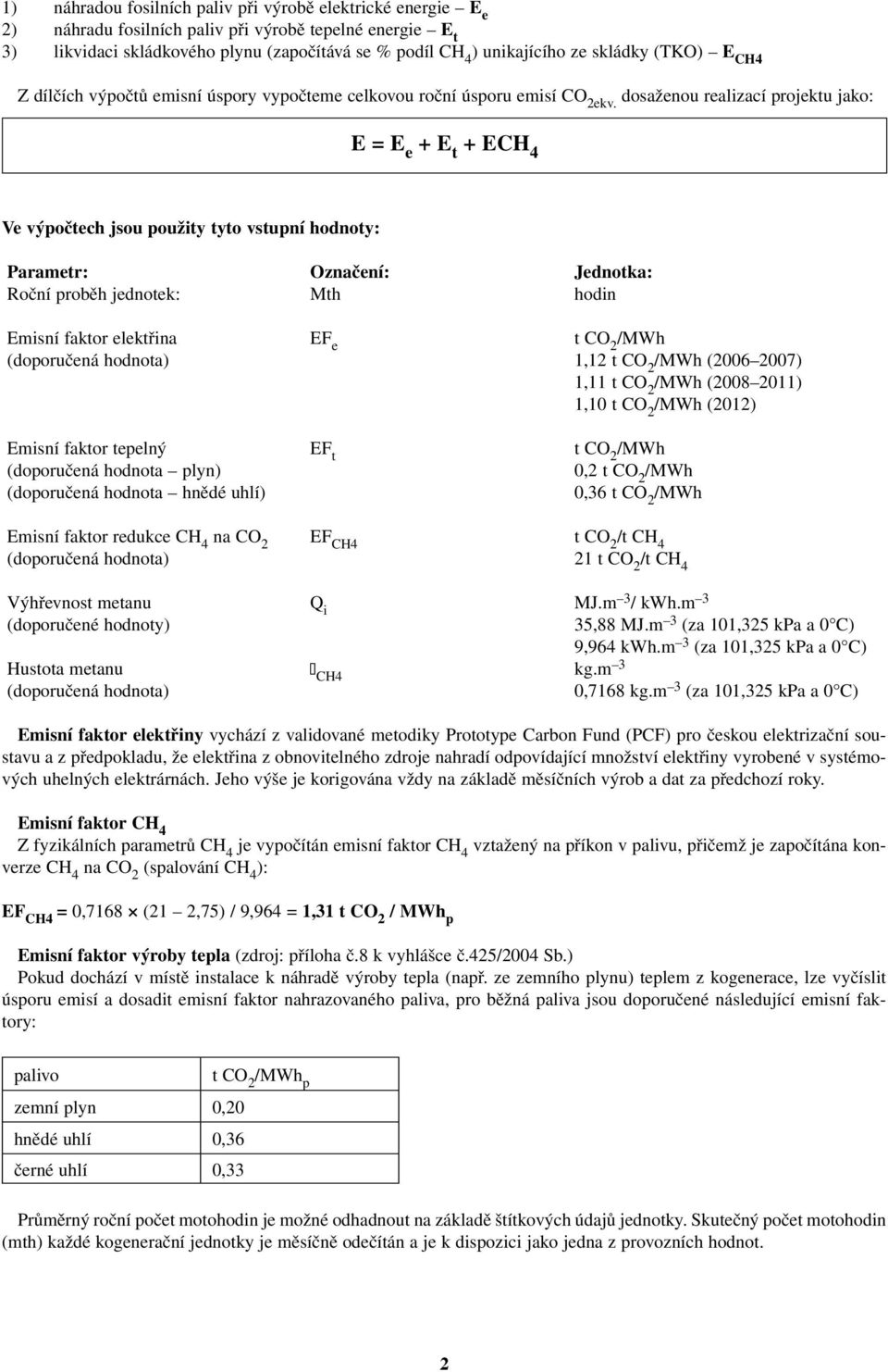 dosaženou realizací projektu jako: E = E e + E t + ECH 4 Ve výpočtech jsou použity tyto vstupní hodnoty: Parametr: Označení: Jednotka: Roční proběh jednotek: Mth hodin Emisní faktor elektřina EF e t