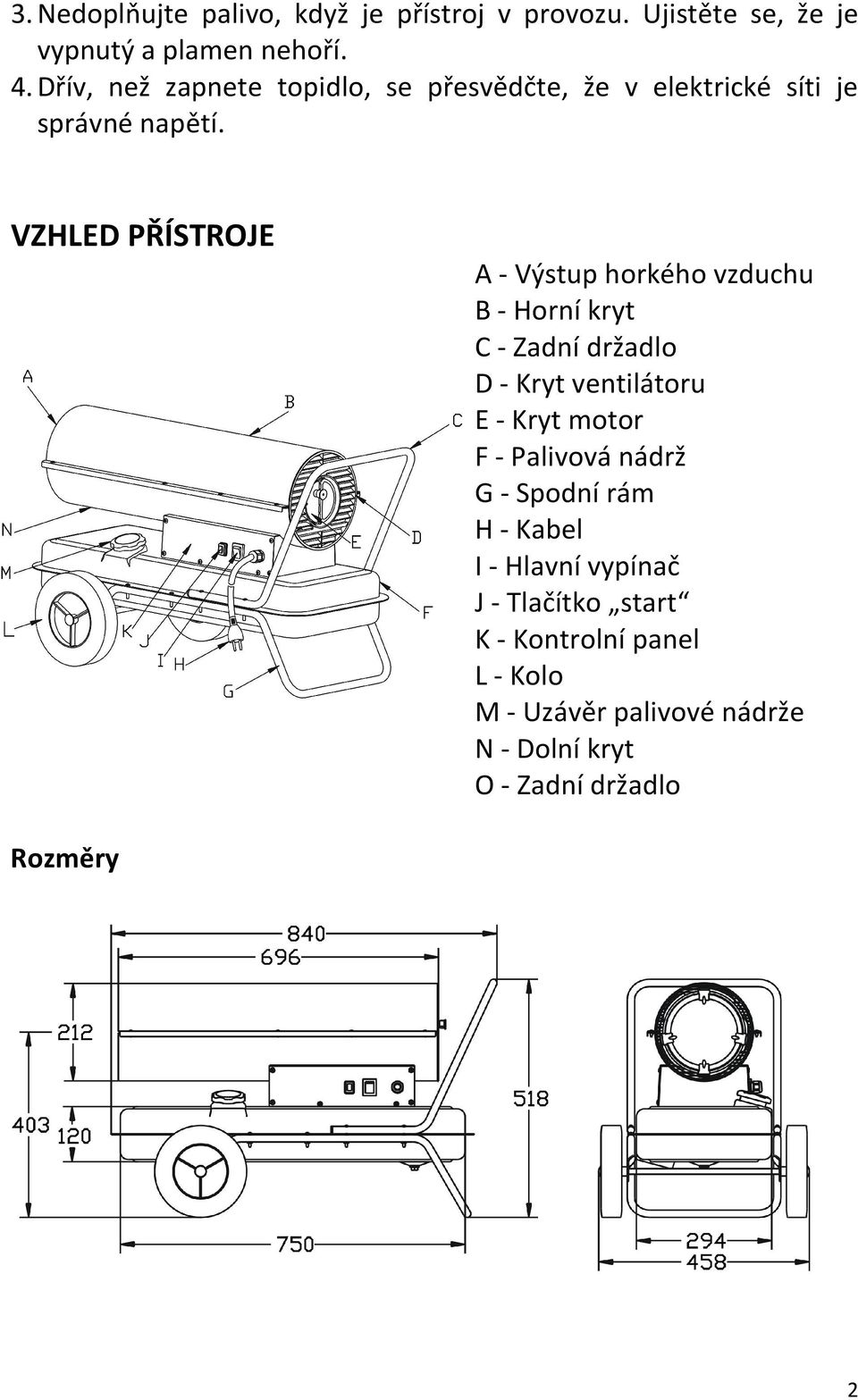 VZHLED PŘÍSTROJE A - Výstup horkého vzduchu B - Horní kryt C - Zadní držadlo D - Kryt ventilátoru E - Kryt motor F -