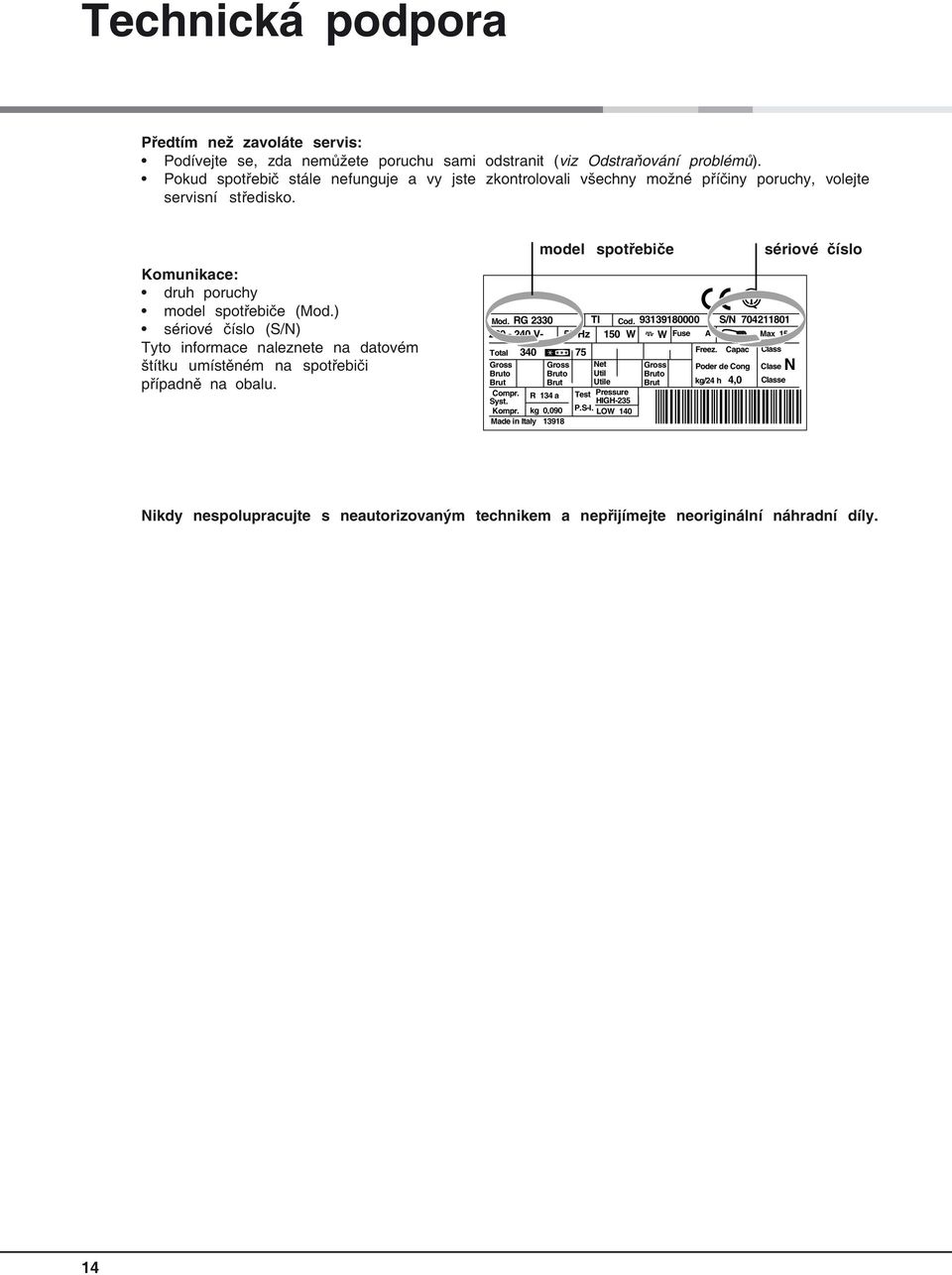 ) sériové číslo (S/N) Tyto informace naleznete na datovém štítku umístěném na spotřebiči případně na obalu. Mod. RG 2330 TI Cod.