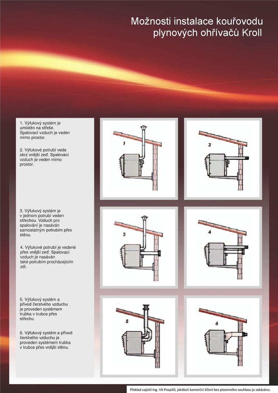 Vzduch pro spalování je nasáván samostatným potrubím přes stěnu. 4. Výfukové potrubí je vedené přes vnější zeď.