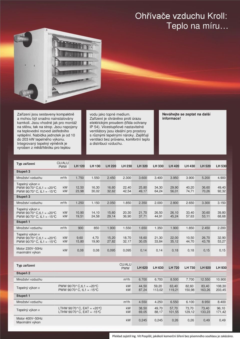 Zařízení je chráněno proti úrazu elektrickým proudem (třída ochrany IP 54). Vícestupňové nastavitelné ventilátory jsou ideální pro prostory s různými tepelnými nároky.