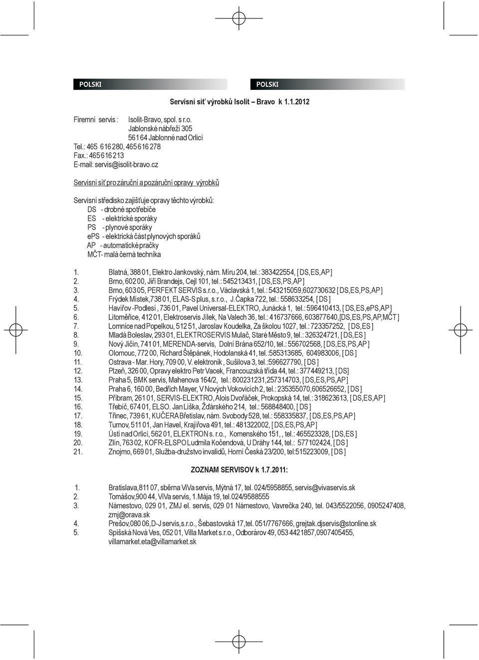 plynových sporáků AP - automatické pračky MČT- malá černá technika Servisní síť výrobků Isolit Bravo k 1.1.2012 1. Blatná, 388 01, Elektro Jankovský, nám. Míru 204, tel.: 383422554, [ DS,ES,AP ] 2.