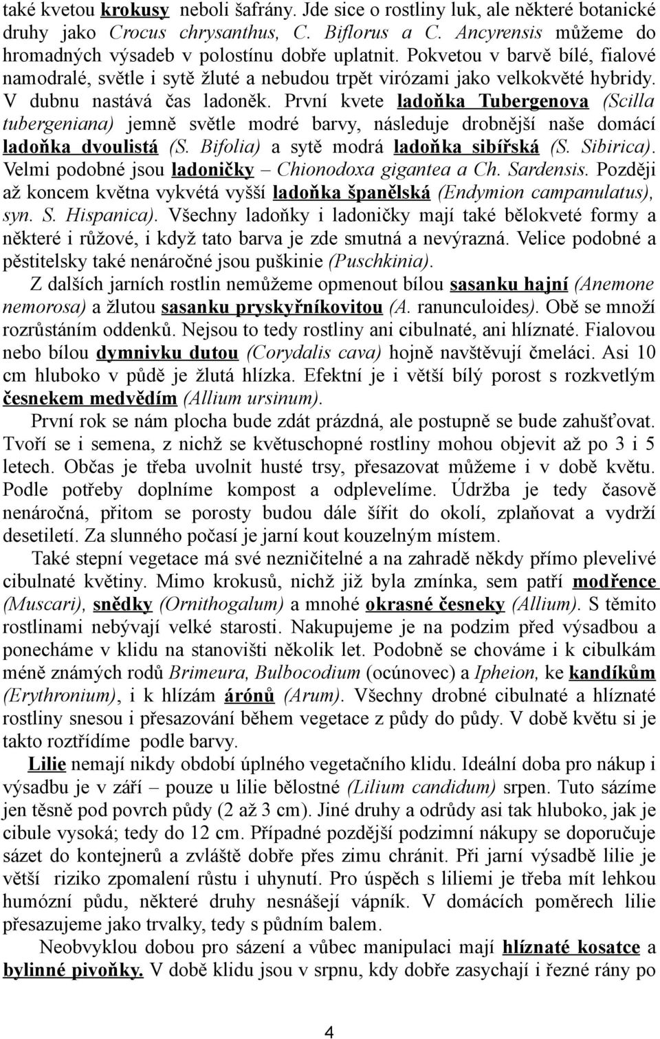 První kvete ladoňka Tubergenova (Scilla tubergeniana) jemně světle modré barvy, následuje drobnější naše domácí ladoňka dvoulistá (S. Bifolia) a sytě modrá ladoňka sibířská (S. Sibirica).