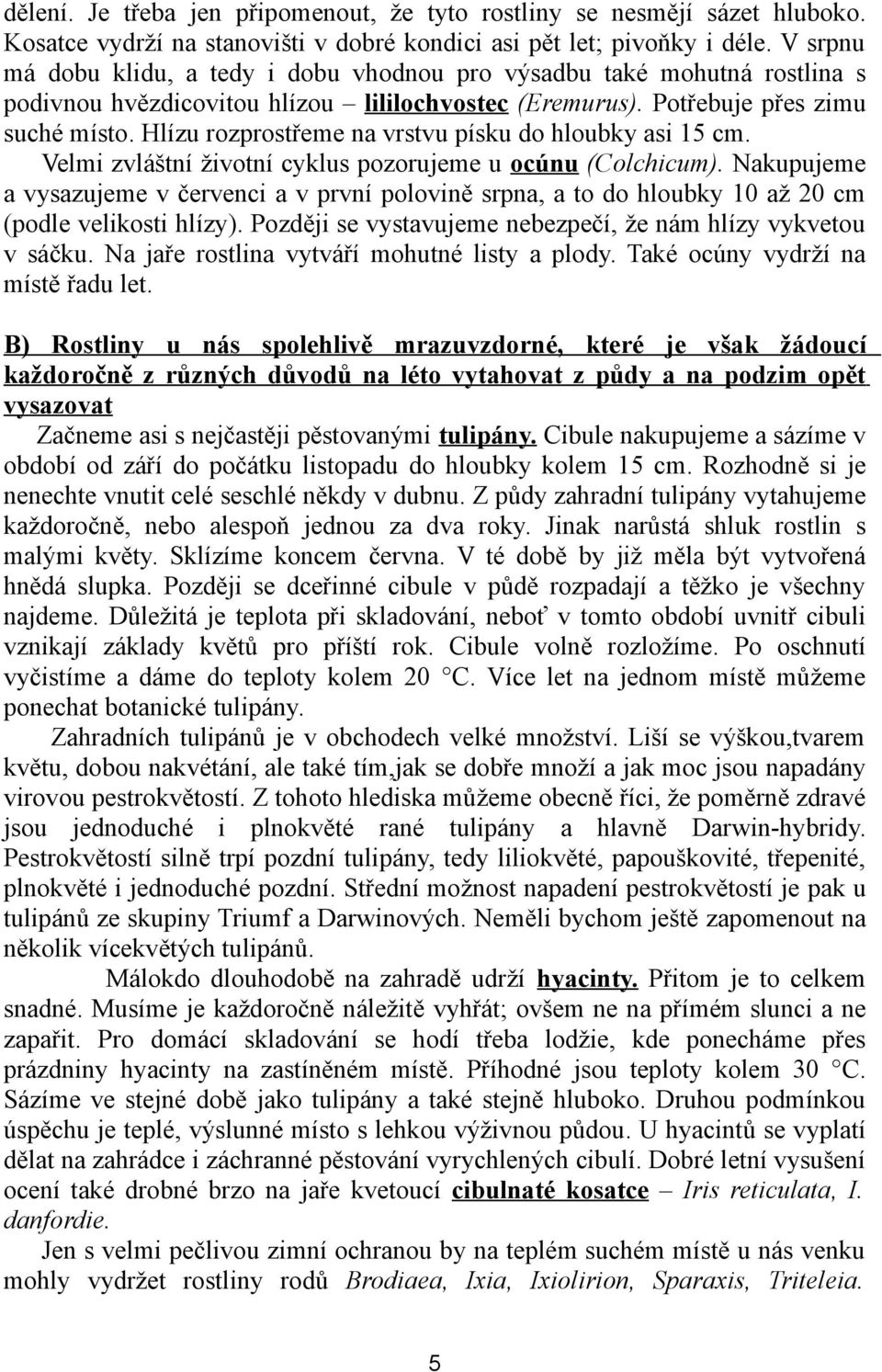 Hlízu rozprostřeme na vrstvu písku do hloubky asi 15 cm. Velmi zvláštní životní cyklus pozorujeme u ocúnu (Colchicum).