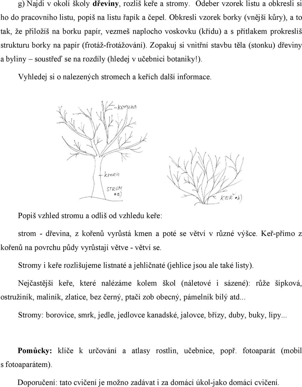 Zopakuj si vnitřní stavbu těla (stonku) dřeviny a byliny soustřeď se na rozdíly (hledej v učebnici botaniky!). Vyhledej si o nalezených stromech a keřích další informace.