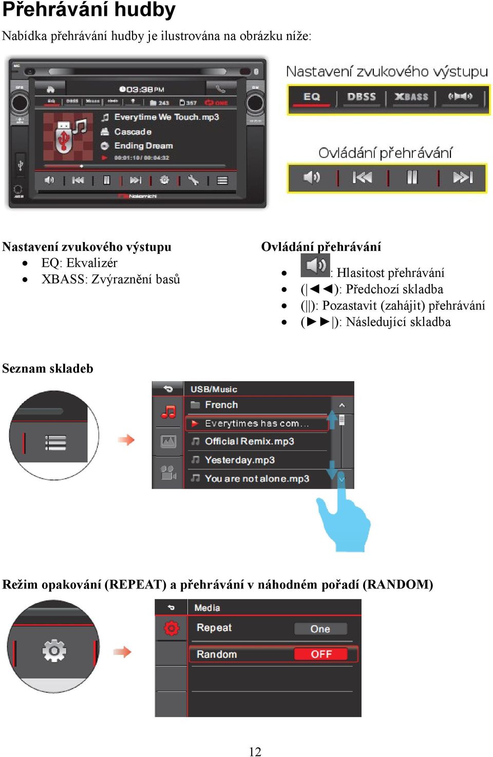 přehrávání ( ): Předchozí skladba ( ): Pozastavit (zahájit) přehrávání ( ): Následující