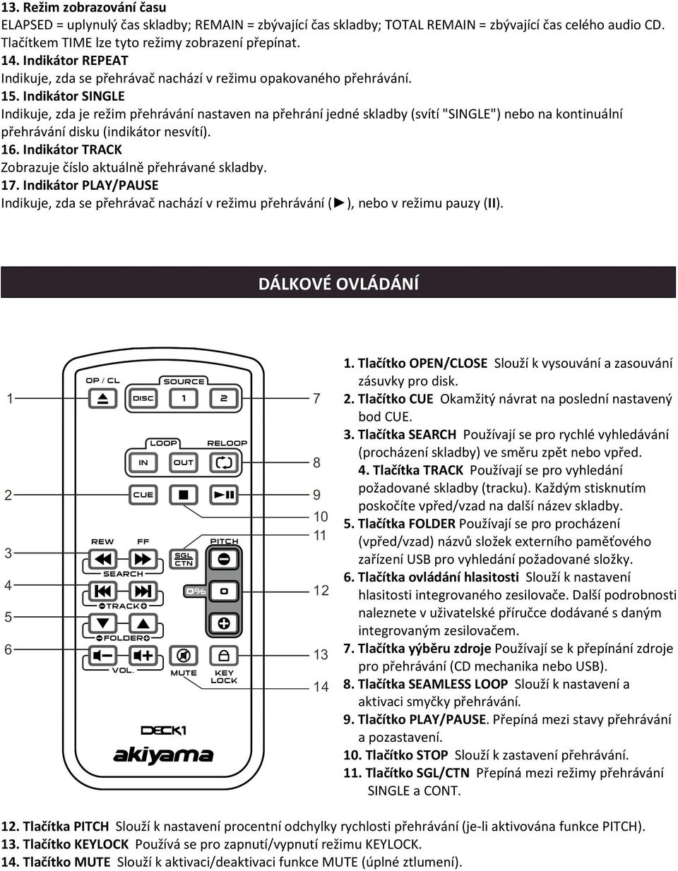 Indikátor SINGLE Indikuje, zda je režim přehrávání nastaven na přehrání jedné skladby (svítí "SINGLE") nebo na kontinuální přehrávání disku (indikátor nesvítí). 16.