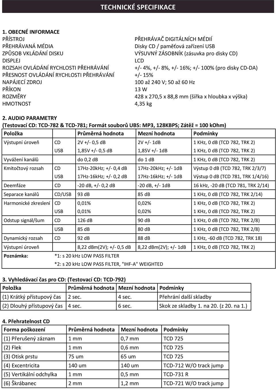 RYCHLOSTI PŘEHRÁVÁNÍ +/- 4%, +/- 8%, +/- 16%; +/- 100% (pro disky CD-DA) PŘESNOST OVLÁDÁNÍ RYCHLOSTI PŘEHRÁVÁNÍ +/- 15% NAPÁJECÍ ZDROJ 100 až 240 V; 50 až 60 Hz PŘÍKON 13 W ROZMĚRY 428 x 270,5 x 88,8