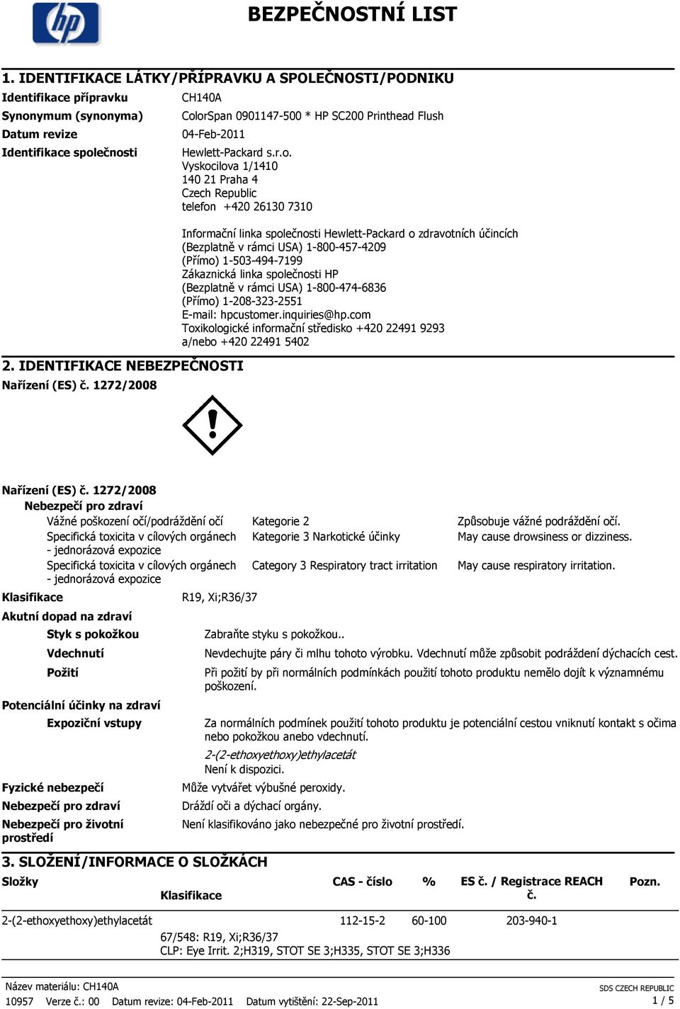 04-Feb-2011 2. IDENTIFIKACE NEBEZPEČNOSTI Hewlett-Packard s.r.o.