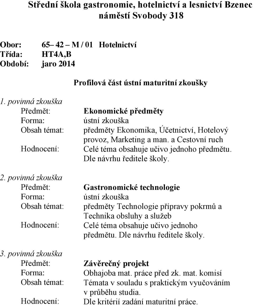 a Cestovní ruch Celé téma obsahuje učivo jednoho předmětu. Dle návrhu ředitele školy.