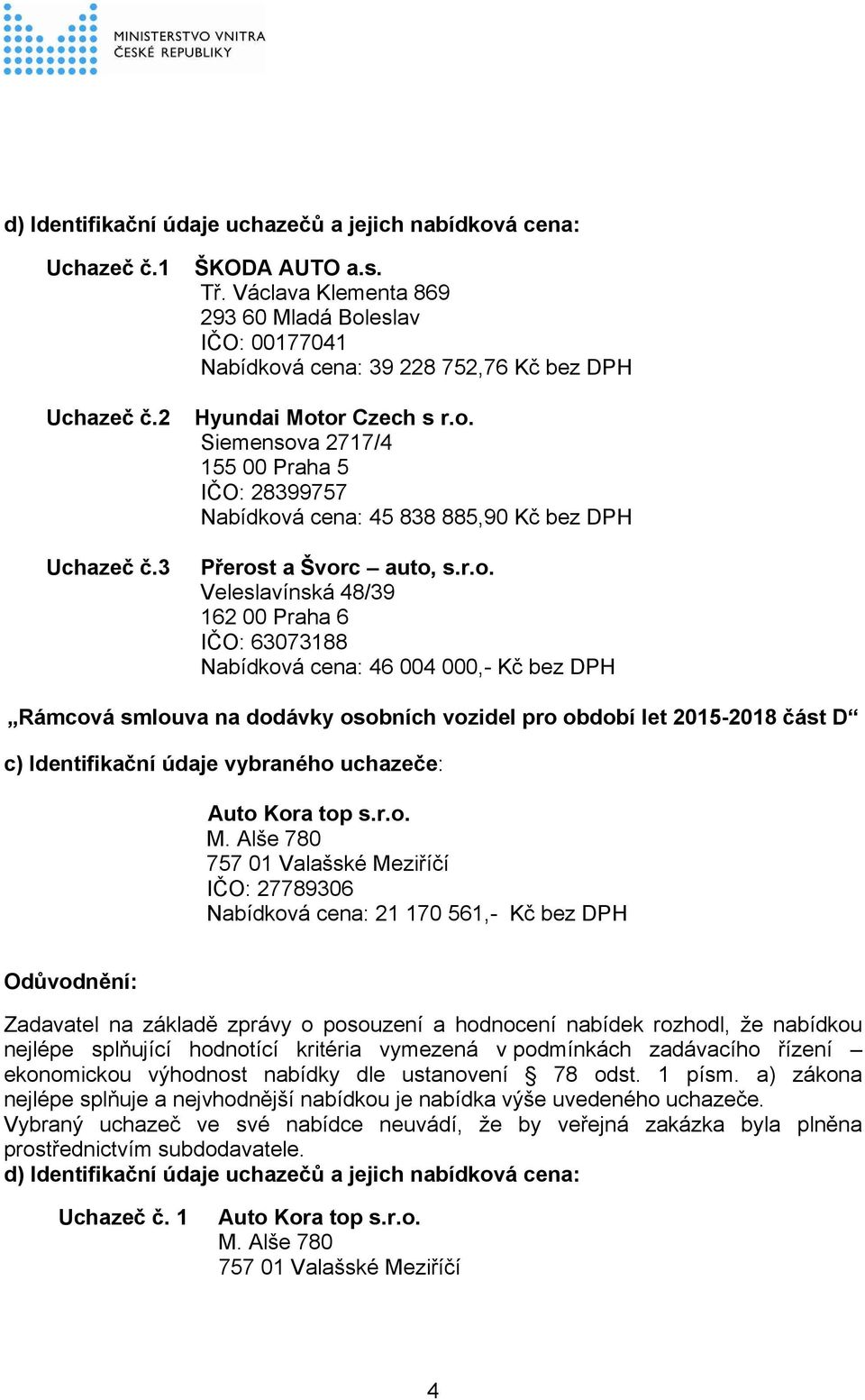 or Czech s r.o. Siemensova 2717/4 155 00 Praha 5 IČO: 28399757 Nabídková cena: 45 838 885,90 Kč bez DPH Přerost a Švorc auto, s.r.o. Veleslavínská