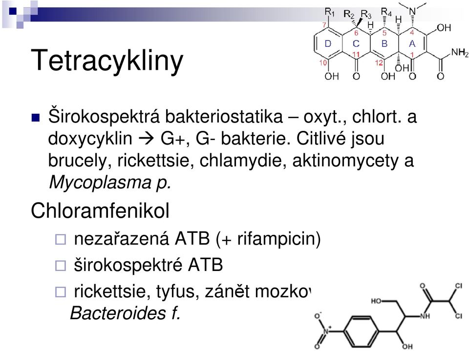 Citlivé jsou brucely, rickettsie, chlamydie, aktinomycety a Mycoplasma