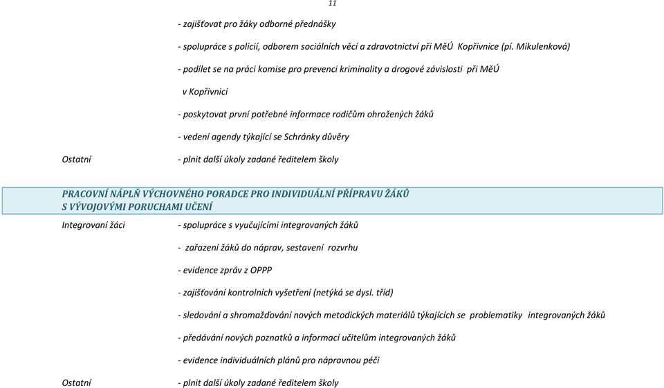 Schránky důvěry Ostatní - plnit další úkoly zadané ředitelem školy PRACOVNÍ NÁPLŇ VÝCHOVNÉHO PORADCE PRO INDIVIDUÁLNÍ PŘÍPRAVU ŽÁKŮ S VÝVOJOVÝMI PORUCHAMI UČENÍ Integrovaní žáci - spolupráce s