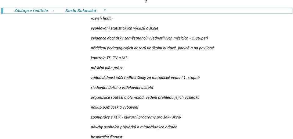 stupeň přidělení pedagogických dozorů ve školní budově, jídelně a na paviloně kontrola TK, TV a MS měsíční plán práce zodpovědnost vůči