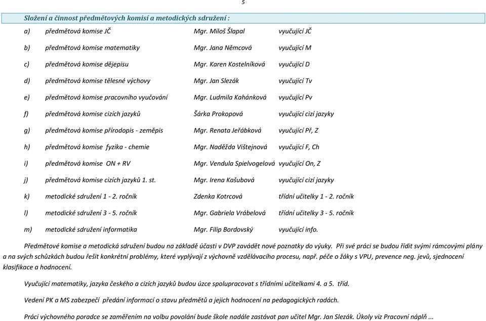Jan Slezák vyučující Tv e) předmětová komise pracovního vyučování Mgr.