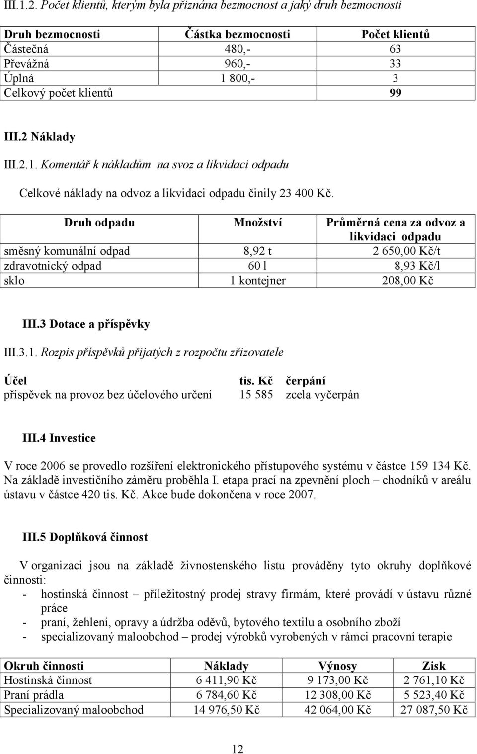 III.2 Náklady III.2.1. Komentář k nákladům na svoz a likvidaci odpadu Celkové náklady na odvoz a likvidaci odpadu činily 23 400 Kč.