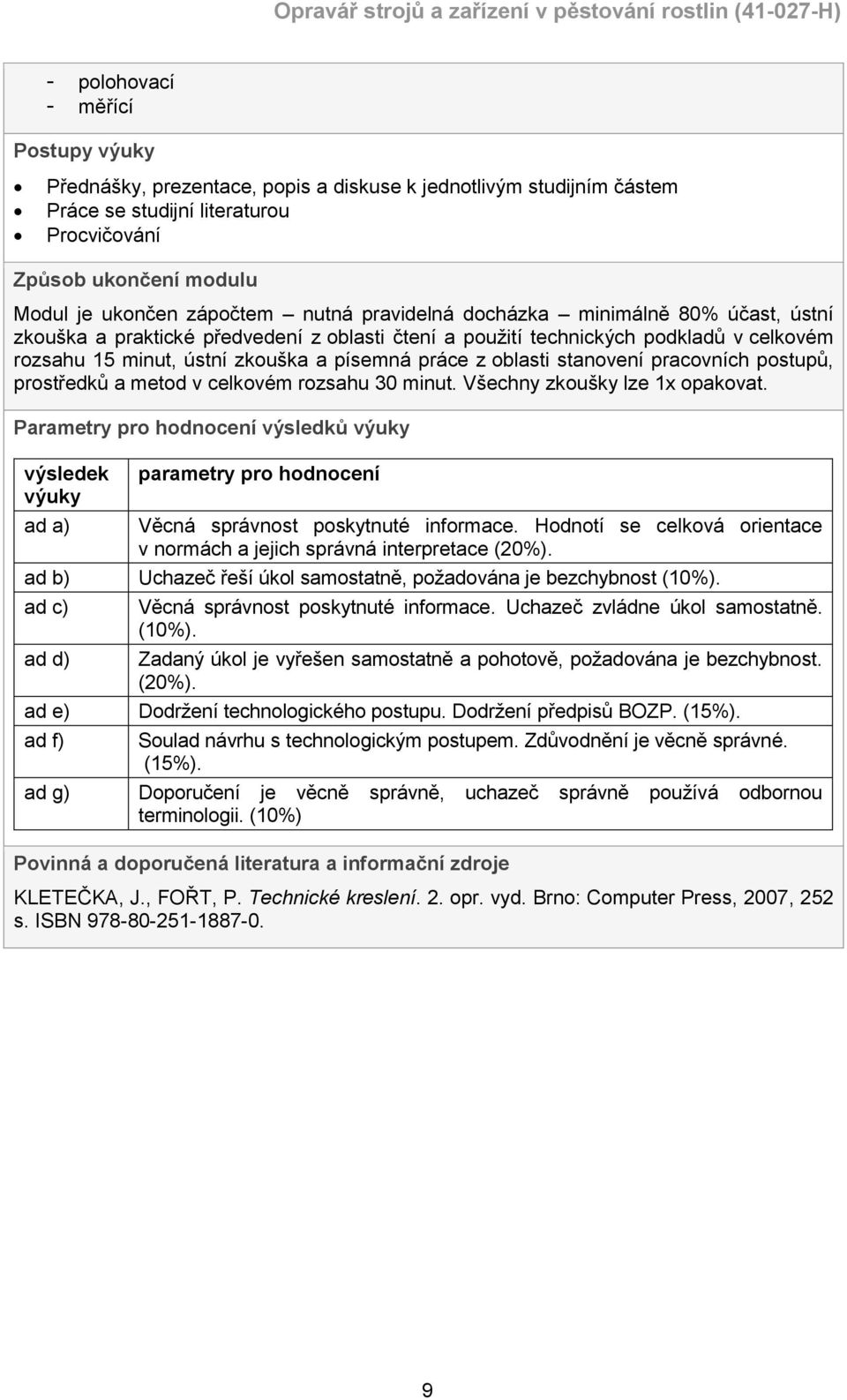 stanovení pracovních postupů, prostředků a metod v celkovém rozsahu 30 minut. Všechny zkoušky lze 1x opakovat.