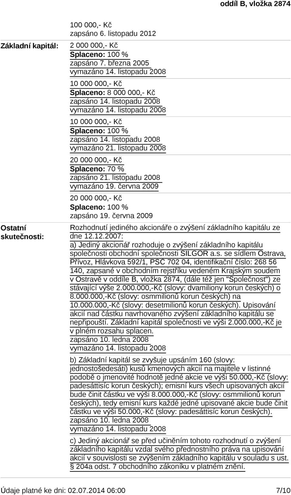 června 2009 Rozhodnutí jediného akcionáře o zvýšení základního kapitálu ze dne 12.12.2007: a) Jediný akcionář rozhoduje o zvýšení základního kapitálu sp