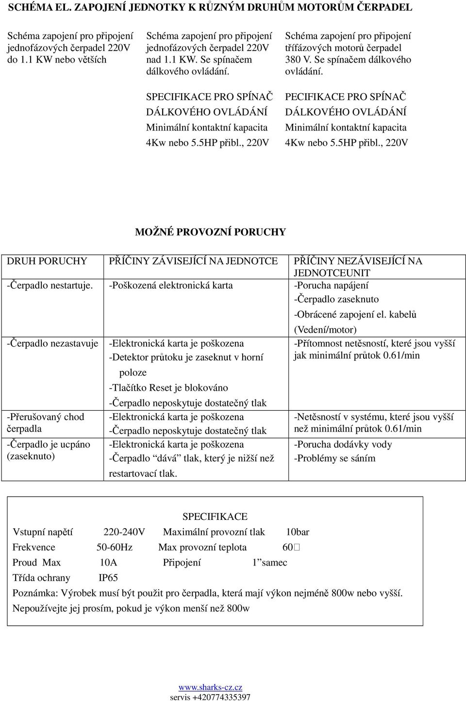 SPECIFIKACE PRO SPÍNAČ DÁLKOVÉHO OVLÁDÁNÍ Minimální kontaktní kapacita 4Kw nebo 5.5HP přibl., 220V Schéma zapojení pro připojení třífázových motorů čerpadel 380 V. Se spínačem dálkového ovládání.