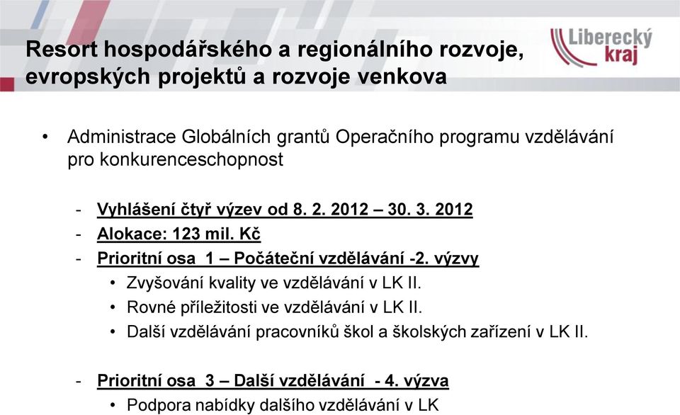 Kč - Prioritní osa 1 Počáteční vzdělávání -2. výzvy Zvyšování kvality ve vzdělávání v LK II.