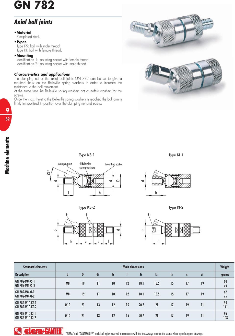 82 Characteristics an applications The clamping nut of the axial ball joints GN 782 can be set to give a require thrust on the Belleville spring washers in orer to increase the resistance to the ball