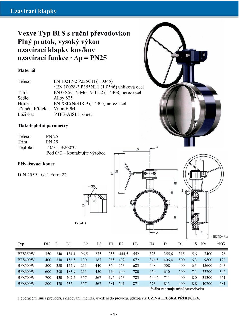 4305) nerez ocel Těsnění hřídele: Viton FPM Ložiska: PTFE-AISI 316 net Tlakoteplotní parametry Těleso: PN 25 Trim: PN 25 Teplota: -40 C - +200 C A Pod 0 C kontaktujte výrobce Přivařovací konce DIN