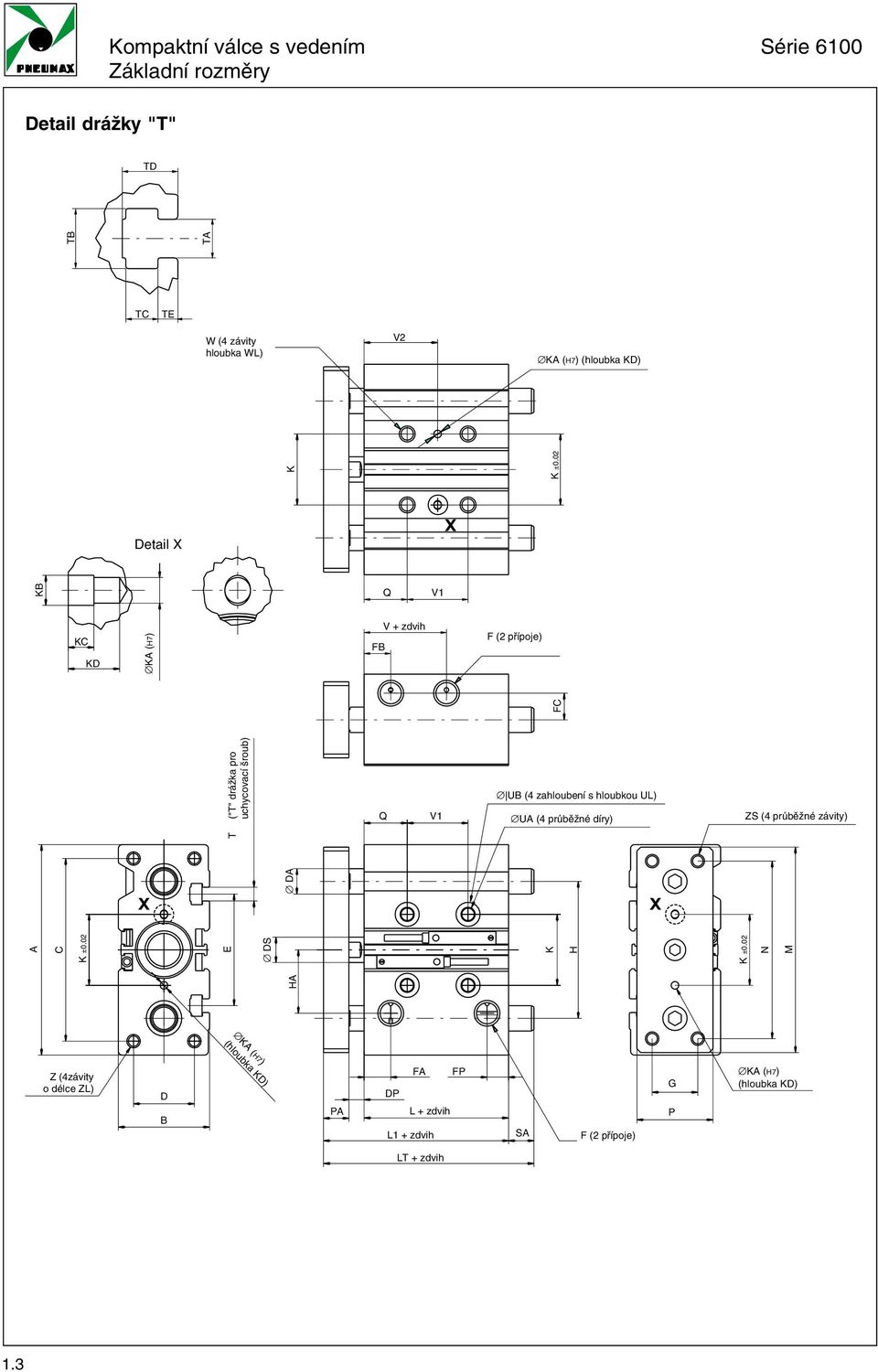 0 Detail X X KB Q V KC KD KA ( ) H7 FB V + zdvih F ( přípoje) FC "T" drážka pro uchycovací šroub T Q V UB ( zahloubení s