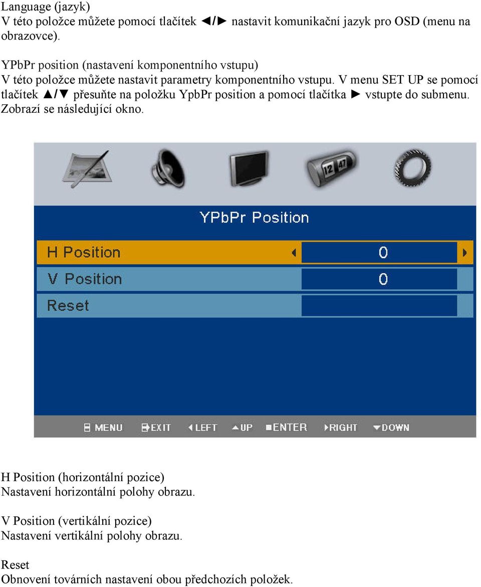 V menu SET UP se pomocí tlačítek / přesuňte na položku YpbPr position a pomocí tlačítka vstupte do submenu. Zobrazí se následující okno.