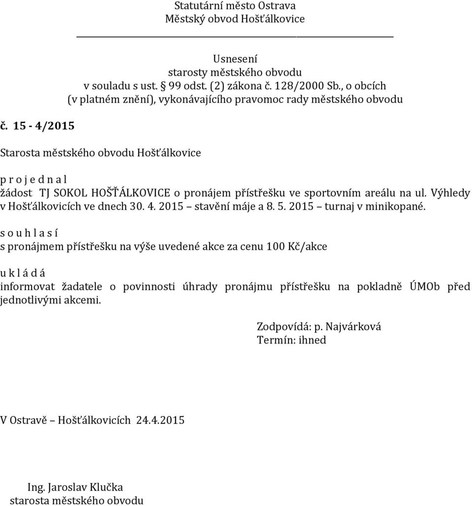 s pronájmem přístřešku na výše uvedené akce za cenu 100 Kč/akce informovat žadatele o povinnosti úhrady