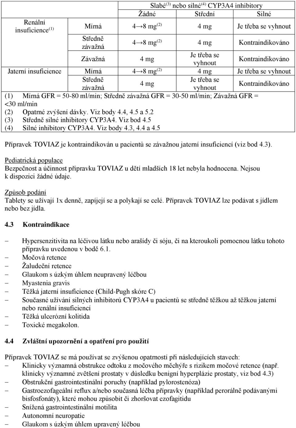 závažná GFR = 30-50 ml/min; Závažná GFR = <30 ml/min (2) Opatrné zvýšení dávky. Viz body 4.4, 4.5 a 5.2 (3) Středně silné inhibitory CYP3A4. Viz bod 4.5 (4) Silné inhibitory CYP3A4. Viz body 4.3, 4.