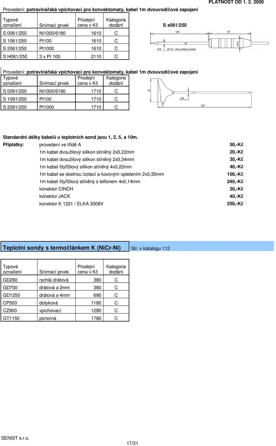 konvektomaty, kabel 1m dvouvodičové zapojení označení Snímací prvek S 0091/250 Ni1000/6180 1710 C S 1091/250 Pt100 1710 C S 2091/250 Pt1000 1710 C Standardní délky kabelů u teplotních sond jsou 1, 2,