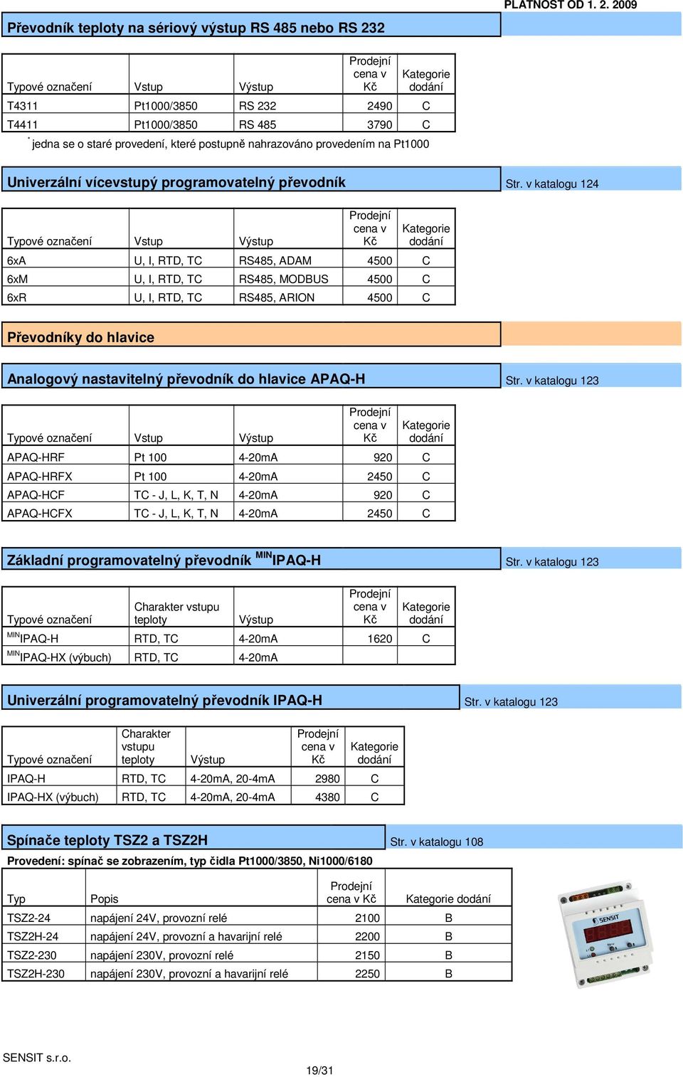 2009 označení Vstup Výstup cena v Kč T4311 Pt1000/3850 RS 232 2490 C T4411 Pt1000/3850 RS 485 3790 C * jedna se o staré provedení, které postupně nahrazováno provedením na Pt1000 Univerzální