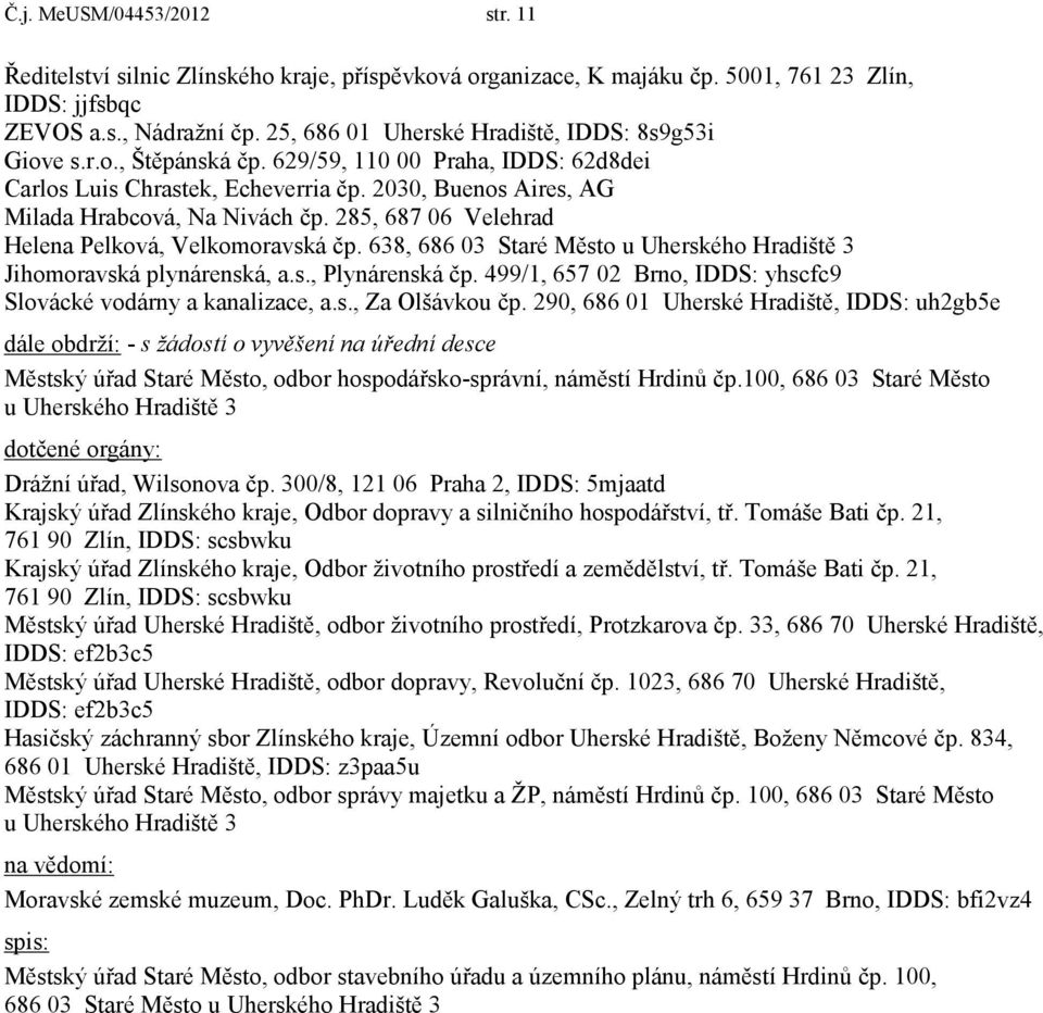 285, 687 06 Velehrad Helena Pelkvá, Velkmravská čp. 638, 686 03 Staré Měst u Uherskéh Hradiště 3 Jihmravská plynárenská, a.s., Plynárenská čp.