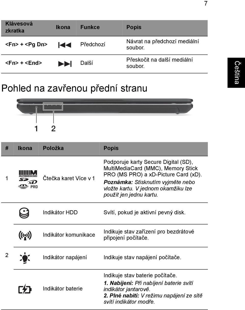 Poznámka: Stisknutím vyjměte nebo vložte kartu. V jednom okamžiku lze použít jen jednu kartu. Indikátor HDD Svítí, pokud je aktivní pevný disk.