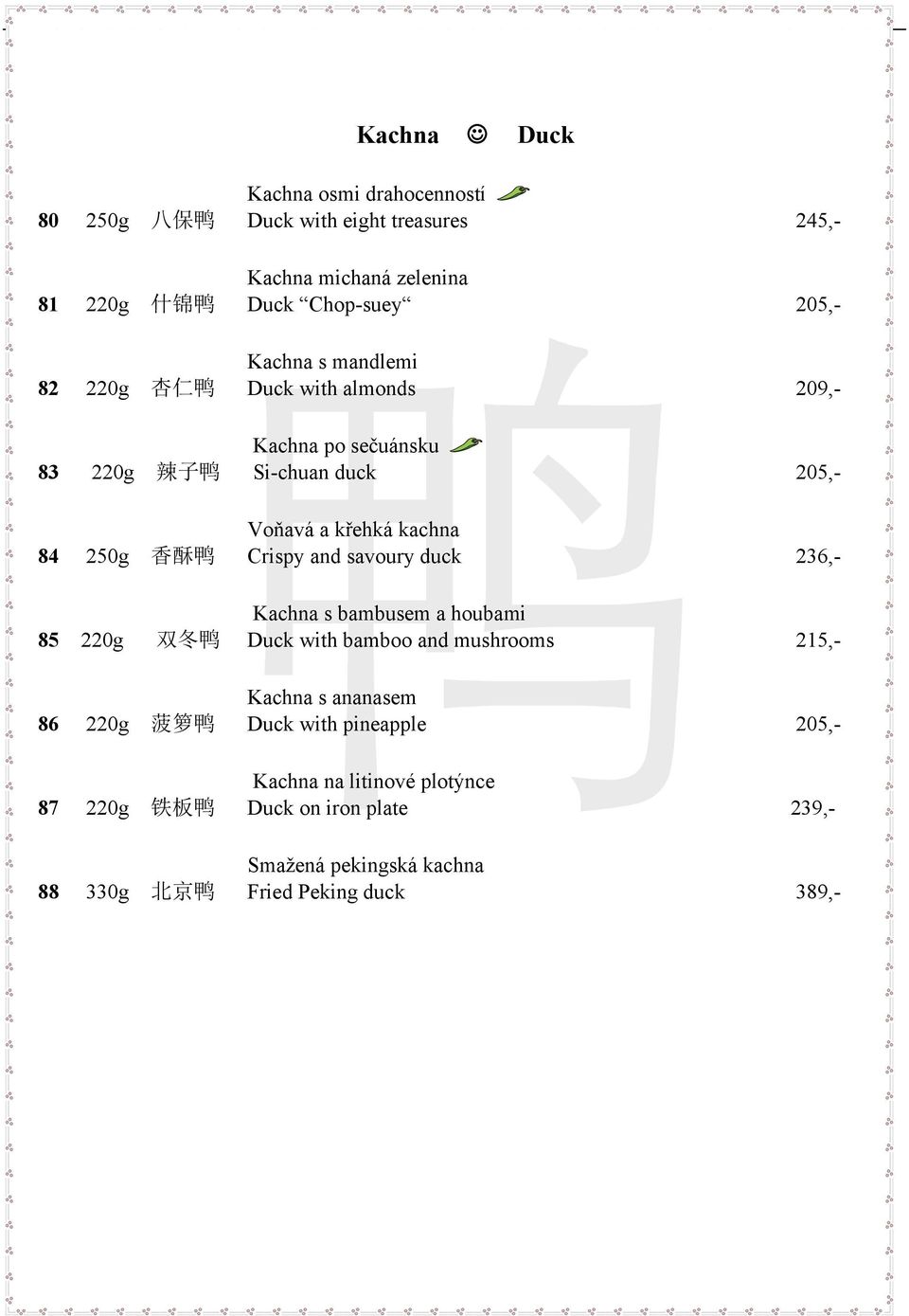 Crispy and savoury duck 236,- Kachna s bambusem a houbami 85 220g 双 冬 鸭 Duck with bamboo and mushrooms 215,- Kachna s ananasem 86 220g 菠 箩 鸭 Duck