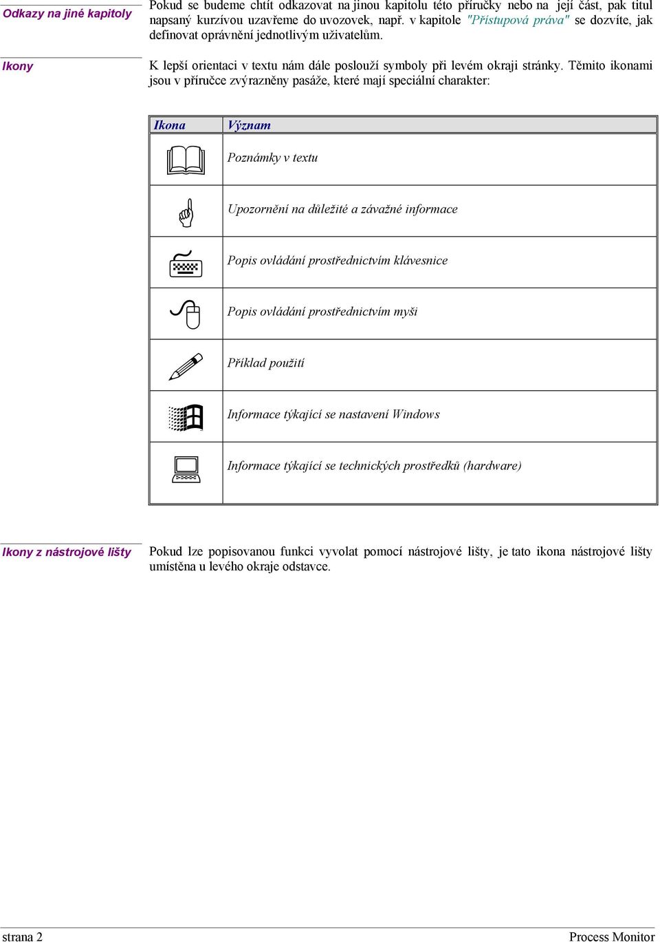 Těmito ikonami jsou v příručce zvýrazněny pasáže, které mají speciální charakter: Ikona Význam Poznámky v textu Upozornění na důležité a závažné informace Popis ovládání prostřednictvím klávesnice