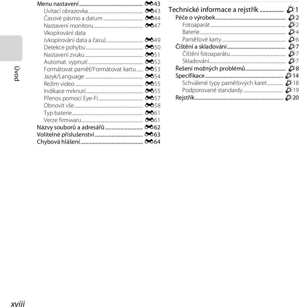 .. E61 Verze firmwaru... E61 Názvy souborů a adresářů... E62 Volitelné příslušenství... E63 Chybová hlášení... E64 Technické informace a rejstřík... F1 Péče o výrobek... F2 Fotoaparát... F2 Baterie.