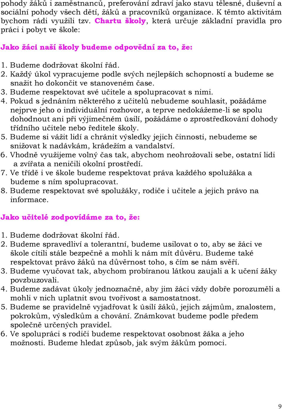 Každý úkol vypracujeme podle svých nejlepších schopností a budeme se snažit ho dokončit ve stanoveném čase. 3. Budeme respektovat své učitele a spolupracovat s nimi. 4.