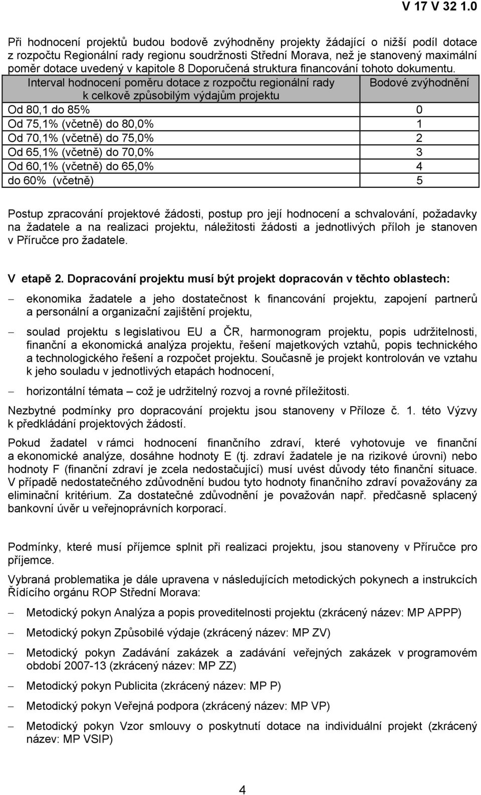 Interval hodnocení poměru dotace z rozpočtu regionální rady Bodové zvýhodnění k celkově způsobilým výdajům projektu Od 80,1 do 85% 0 Od 75,1% (včetně) do 80,0% 1 Od 70,1% (včetně) do 75,0% 2 Od 65,1%