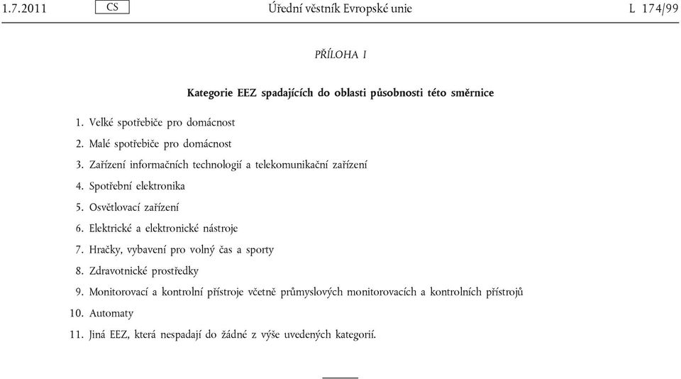 Spotřební elektronika 5. Osvětlovací zařízení 6. Elektrické a elektronické nástroje 7. Hračky, vybavení pro volný čas a sporty 8.