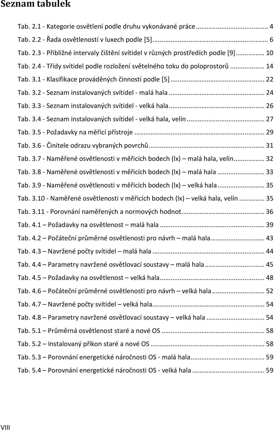 .. 24 Tab. 3.3 - Seznam instalovaných svítidel - velká hala... 26 Tab. 3.4 - Seznam instalovaných svítidel - velká hala, velín... 27 Tab. 3.5 - Požadavky na měřicí přístroje... 29 Tab. 3.6 - Činitele odrazu vybraných povrchů.