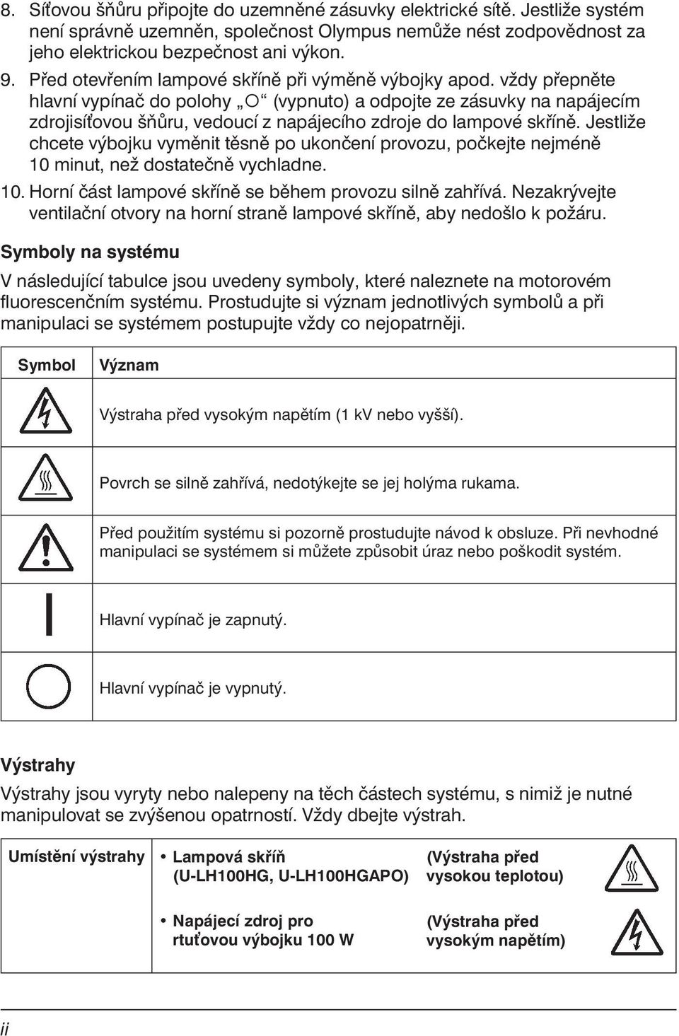 vždy přepněte hlavní vypínač do polohy (vypnuto) a odpojte ze zásuvky na napájecím zdrojisíovou šňůru, vedoucí z napájecího zdroje do lampové skříně.