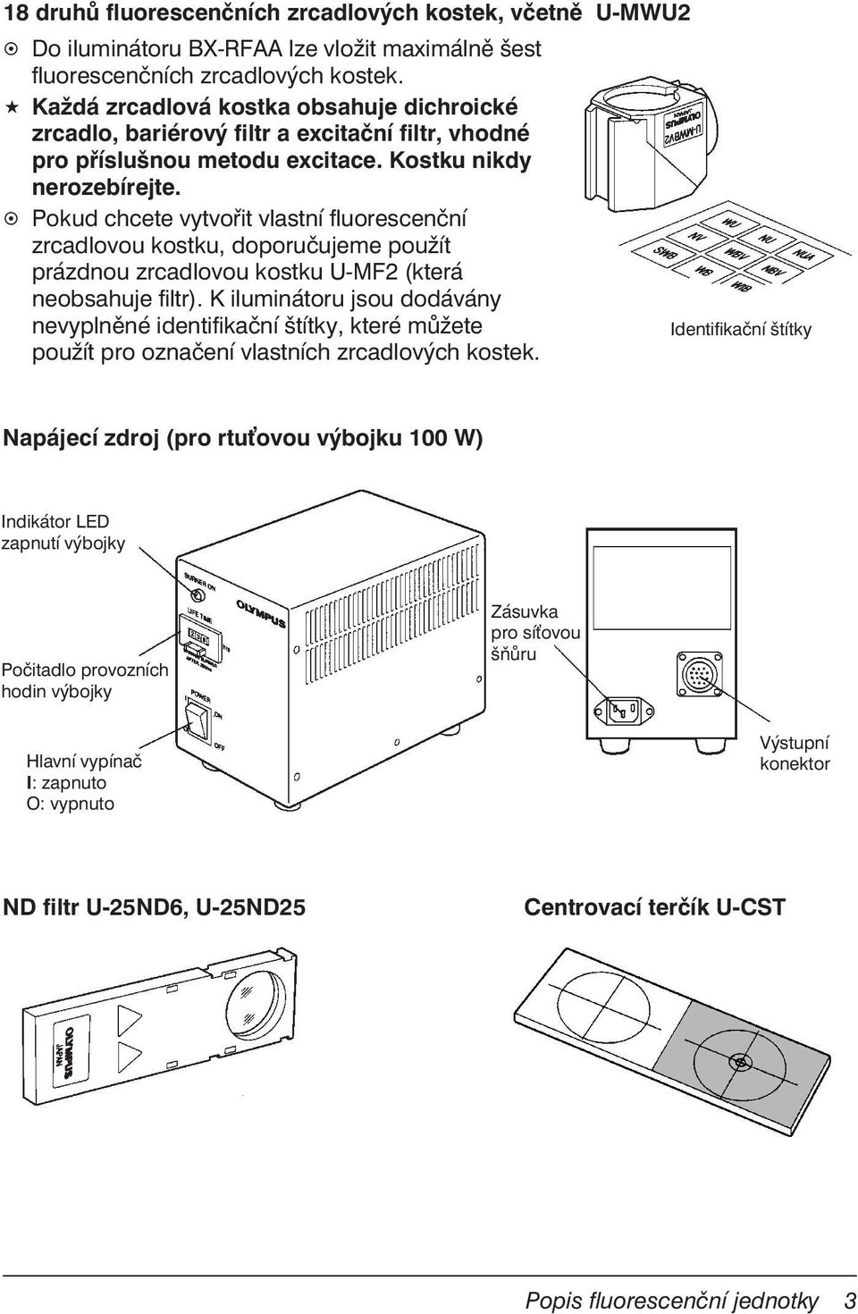 Pokud chcete vytvořit vlastní fluorescenční zrcadlovou kostku, doporučujeme použít prázdnou zrcadlovou kostku U-MF2 (která neobsahuje filtr).